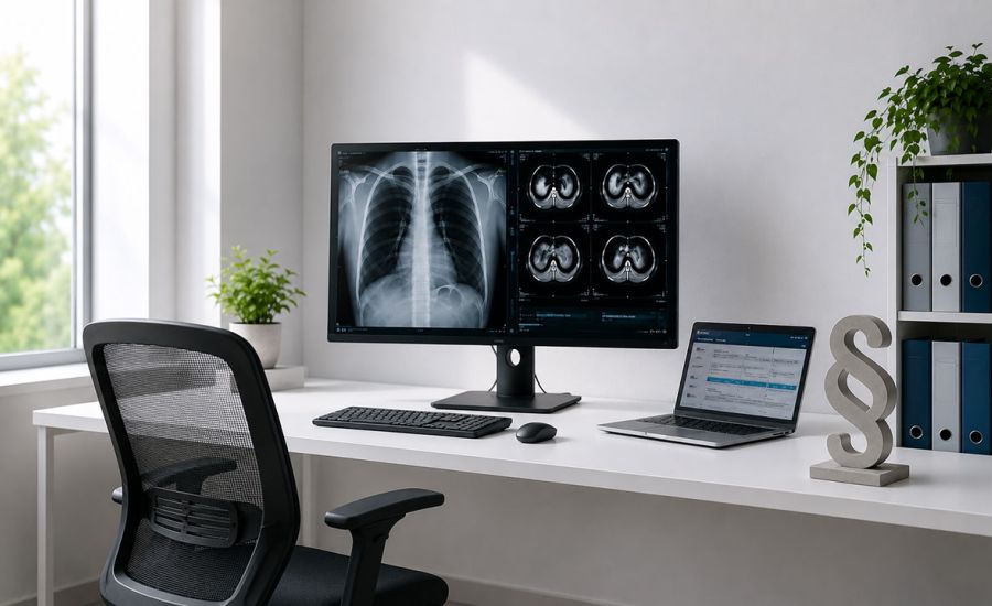 Schreibtisch mit Bildschirm und Laptop, Auf dem Bildschirm sind Röntgenaufnahmen zu sehen auf dem Schreibtisch steht ein §