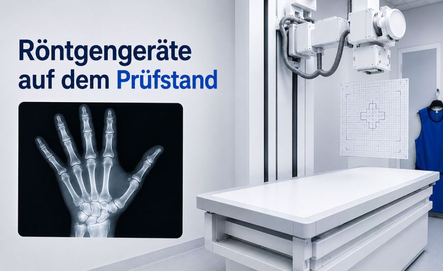 Text Röntgengeräte auf dem Prüfstand neben einem Röntgengerät und einem Röntgenbild mit Hand