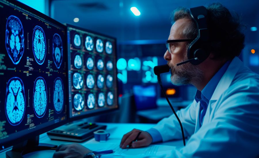 Ein Neuroradiologe analysiert ein MRT des Gehirns, während er mit einem Stift darauf zeigt und einen Befundbericht über ein Headset-Mikrofon diktiert.